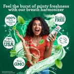 Energetic lifestyle graphic showing a woman holding GuruNanda mouthwash with badges for alcohol-free, non-GMO, and made in USA