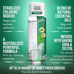 Clear depiction of dual-chamber GuruNanda mouthwash with feature callouts about stabilized chlorine dioxide and essential oils
