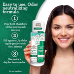 Hand holding GuruNanda dual-chamber mouthwash beside usage steps and smiling woman on green background