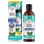 GuruNanda natural oil pulling oral rinse bottle shown next to its branded retail box with mint graphics