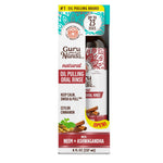 GuruNanda natural oil pulling oral rinse bottle visible through branded retail-style box with cinnamon and coconut imagery.