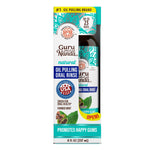 Front view of GuruNanda oil pulling oral rinse in its retail box packaging with USA badge and mint imagery