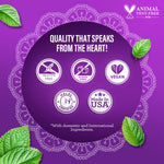 Purple badge-style graphic highlighting product claims and icons including gluten free, vegan, halal certified and made in USA with mint leaves.