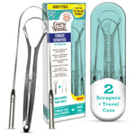 GuruNanda tongue scrapers and teal travel case shown alongside branded retail box displaying product benefits and two-scrapers callout.