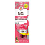Packaged GuruNanda Sensitive toothpaste in a pink and white box with clear window, clinical branding and 'open' tab visible.