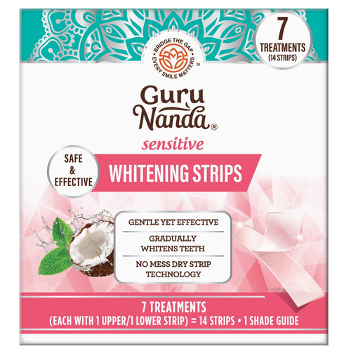 Front-facing product box of GuruNanda Sensitive whitening strips with branding and treatment callouts