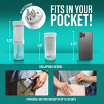 Size comparison infographic for GuruNanda collapsible water flosser with dimensions and pocket-fit visuals plus phone reference