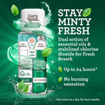 Promotional graphic of GuruNanda mouthwash with mint leaves and 'stay minty fresh' marketing text on green background