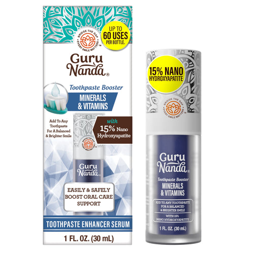 GuruNanda toothpaste booster serum bottle beside its branded retail box showing product name and 15% nano hydroxyapatite callout