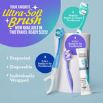 Product lineup graphic displaying several GuruNanda ultra-soft travel-ready and regular 'Butter on Gums' toothbrushes and packaging