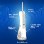 GuruNanda water flosser on blue background labelled with callouts for power switch, Aquapods chamber and 300ml water tank