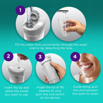 Step-by-step usage infographic showing filling the tank, inserting the tip, angling the device, and guiding along gum line