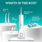What’s in the box graphic displaying GuruNanda water flosser, two flosser tips, USB-C cable and six AquaPods on teal background