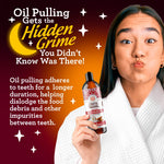 Promotional image with a young woman holding a GuruNanda bottle and text about oil pulling removing hidden grime from teeth.
