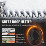 Roof gutter filled with snow partially melted by zigzag heating cable, inset icons for gutter and drain‑pipe use
