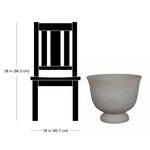 Gypsum urn planter shown next to a silhouetted chair graphic to illustrate scale with measurements