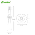 Line drawing diagram showing Haakaa 360 toothbrush dimensions and a pacifier-like safety shield with measurements