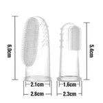 Product dimensions graphic showing two clear silicone finger toothbrushes with height and base measurements