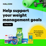 Haleon-themed ad showing various health products including a Preparation H wipes pack with headline about weight management support