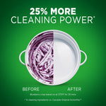 Top-down pot half covered in baked-on purple residue and half cleaned to a bright white, with '25% more cleaning power' text.