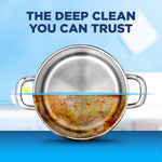 Top-down pot image half dirty half clean with headline 'The deep clean you can trust' on blue background