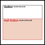 Graphic size comparison showing gallon, highlighted half gallon area with dimensions in inches