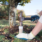 Gloved hands using a hammer to drive a white-capped spike into soil near a tree trunk in a landscaped yard