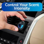 Hand adjusting round black car vent diffuser clipped into a horizontal vent with text about controlling scent intensity