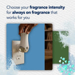 Hand adjusting a Glade plug-in warmer inserted in an outlet showing adjustable fragrance intensity