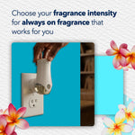 Hand adjusting a Glade PlugIns warmer in a wall outlet with text about choosing fragrance intensity