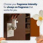 Hand adjusting a Glade plug-in warmer on a wall outlet with text about choosing fragrance intensity for always-on fragrance.
