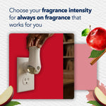 Hand adjusting a Glade plug-in warmer in an outlet with text about choosing fragrance intensity