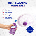 Hand holding a Lysol lavender toilet cleaner bottle applying purple gel inside a toilet bowl with instructional checkmarks.