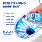 Hand applying Lysol Oxi Action clinging gel under the rim, blue gel streams visible in the toilet bowl