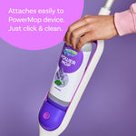 Hand attaching a Swiffer Power Mop refill bottle into the mop device with text about easy attachment and click & clean.