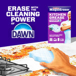 Hand using a blue Magic Eraser on a greasy stovetop with a product box and 'Erase with the cleaning power of Dawn' messaging