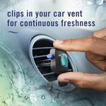 Hand placing a Febreze Auto Unstopables vent clip into a circular car vent with textured background graphics