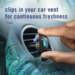 Hand placing a Febreze Car vent clip into a round car vent with text about clipping in for continuous freshness