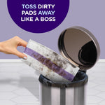 Hand discarding a dirty Swiffer pad into a small trash can with graphic text 'Toss dirty pads away like a boss' above.