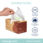 Hand dispensing a white trash bag from a NineStars tall kitchen bags easy-dispense kraft box with brand logo and feature icons.