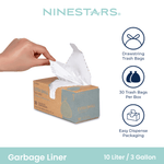 Hand pulling a white drawstring trash bag from a NineStars extra small dispensing box with product icons and logo
