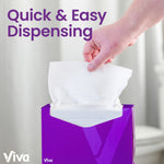 Hand pulling a white sheet from an open purple Viva Signature Cloth box with 'Quick & Easy Dispensing' text