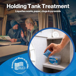 Lifestyle image showing hand dropping a blue Fresh-Pak pod into an RV toilet with a couple seated inside a camper