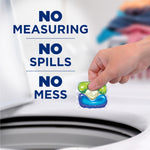 Hand dropping a three-color laundry pak into a top-load washer alongside text stating no measuring, no spills, no mess