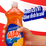 Hand holding an Ajax Ultra orange dish soap bottle against red and white background with 'America's #1 value dish brand' text