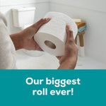 Hands holding a large embossed Angel Soft toilet paper roll in a bright bathroom setting