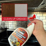 Hand gripping an Oil Eater spray bottle in front of a stove hood with an inset showing textured cleaning cloth before and after