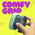Hand holding a green Brite palm scrubber against a bright yellow background with large purple “COMFY GRIP” text