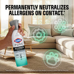 Hand holding a Clorox PURE Allergen Neutralizer spray in a living room scene with glowing allergen icons and bold text about neutralizing allergens.