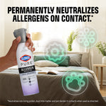 Hand holding Clorox PURE Allergen Neutralizer spray in a bedroom scene with text claiming it permanently neutralizes allergens